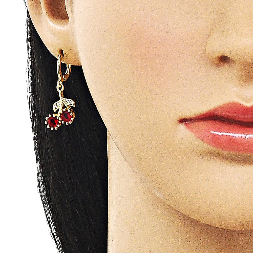 Oro Laminado Dangle Earring, Gold Filled Style Cherry Design, with Garnet Cubic Zirconia and White Micro Pave, Polished, Golden Finish