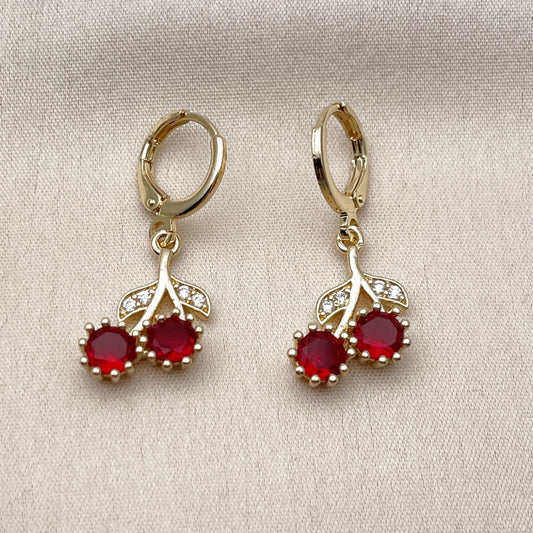 Oro Laminado Dangle Earring, Gold Filled Style Cherry Design, with Garnet Cubic Zirconia and White Micro Pave, Polished, Golden Finish