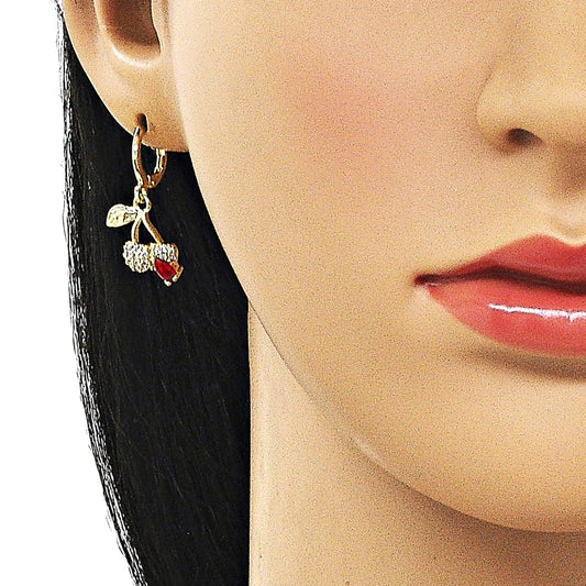 Oro Laminado Dangle Earring, Gold Filled Style Cherry Design, with Garnet Cubic Zirconia and White Micro Pave, Polished, Golden Finish