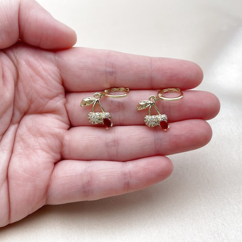 Oro Laminado Dangle Earring, Gold Filled Style Cherry Design, with Garnet Cubic Zirconia and White Micro Pave, Polished, Golden Finish