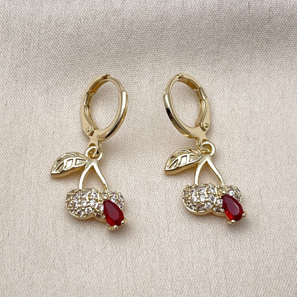 Oro Laminado Dangle Earring, Gold Filled Style Cherry Design, with Garnet Cubic Zirconia and White Micro Pave, Polished, Golden Finish