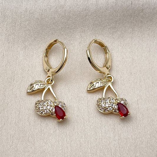 Oro Laminado Dangle Earring, Gold Filled Style Cherry Design, with Garnet Cubic Zirconia and White Micro Pave, Polished, Golden Finish