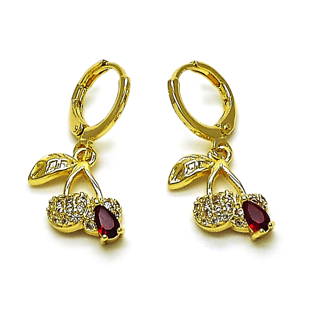 Oro Laminado Dangle Earring, Gold Filled Style Cherry Design, with Garnet Cubic Zirconia and White Micro Pave, Polished, Golden Finish