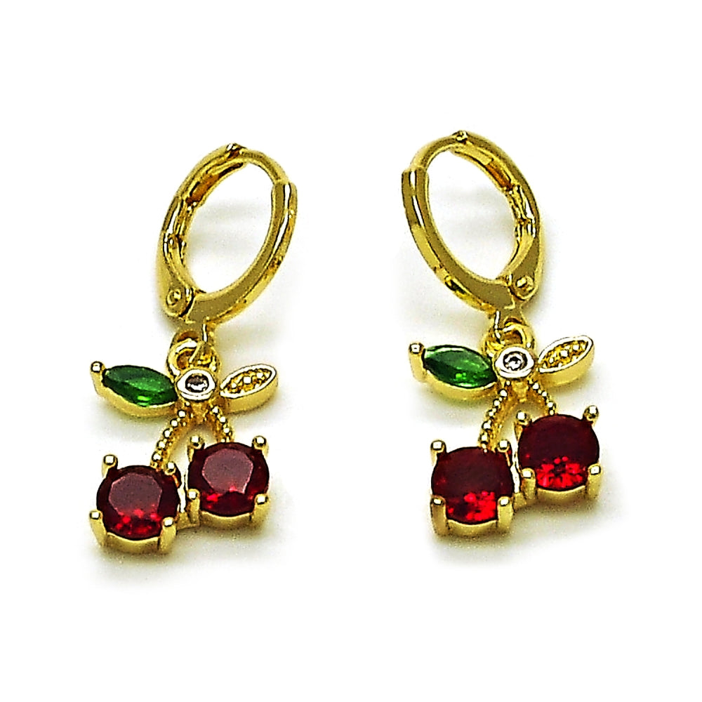 Oro Laminado Dangle Earring, Gold Filled Style Cherry Design, with Garnet and Green Cubic Zirconia, Polished, Golden Finish