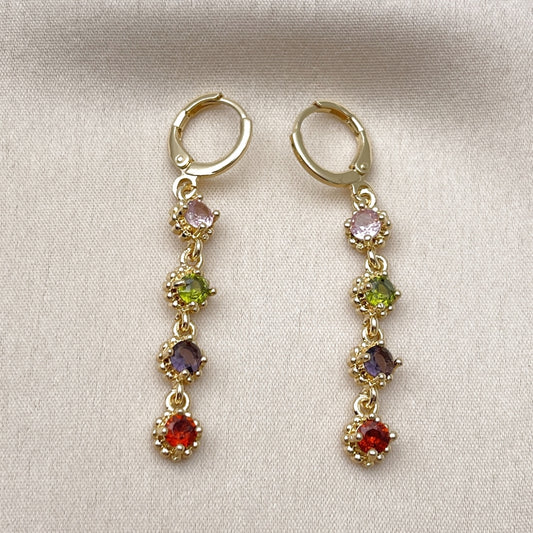 Oro Laminado Long Earring, Gold Filled Style Cluster Design, with Multicolor Cubic Zirconia, Polished, Golden Finish