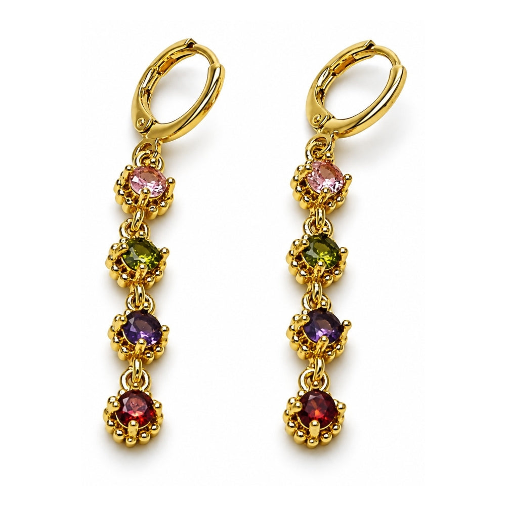 Oro Laminado Long Earring, Gold Filled Style Cluster Design, with Multicolor Cubic Zirconia, Polished, Golden Finish