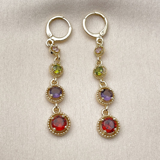 Oro Laminado Long Earring, Gold Filled Style with Multicolor Cubic Zirconia, Polished, Golden Finish
