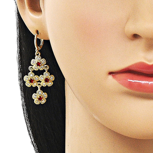 Oro Laminado Long Earring, Gold Filled Style Flower and Cluster Design, with Garnet and White Cubic Zirconia, Polished, Golden Finish