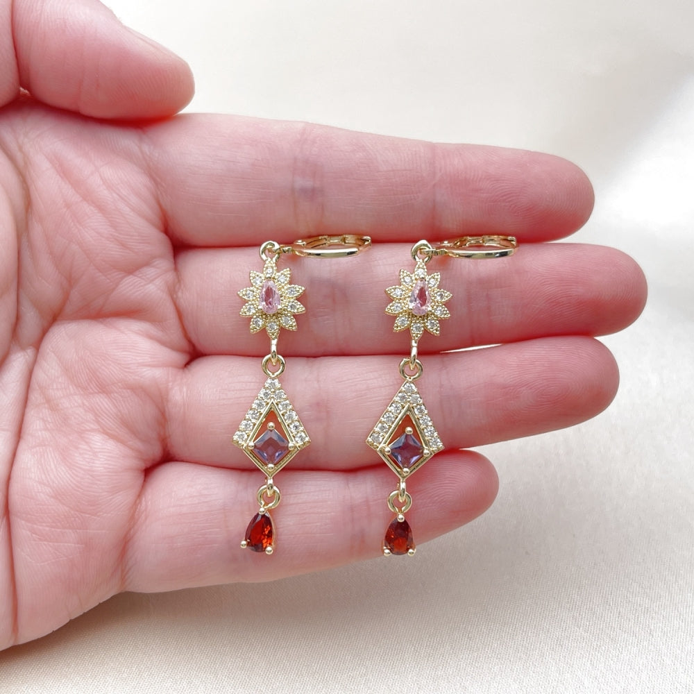 Oro Laminado Long Earring, Gold Filled Style Flower and Teardrop Design, with Multicolor and White Cubic Zirconia, Polished, Golden Finish