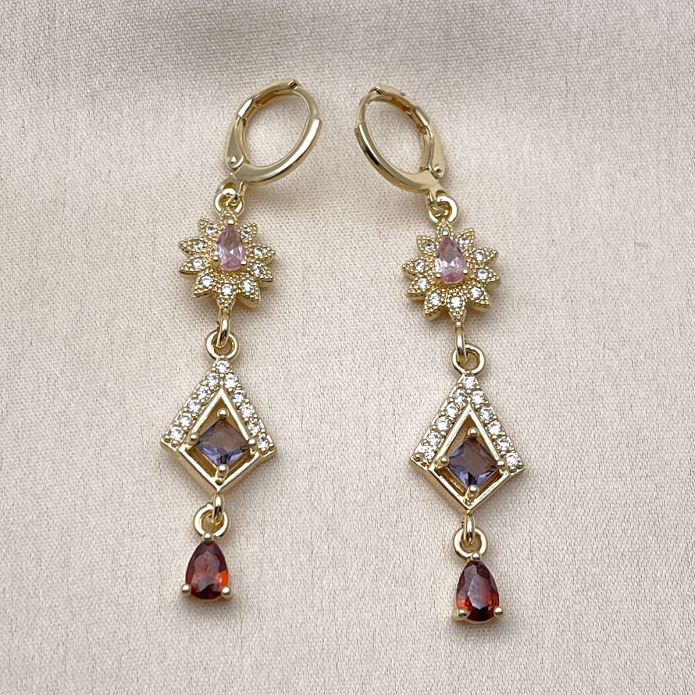 Oro Laminado Long Earring, Gold Filled Style Flower and Teardrop Design, with Multicolor and White Cubic Zirconia, Polished, Golden Finish