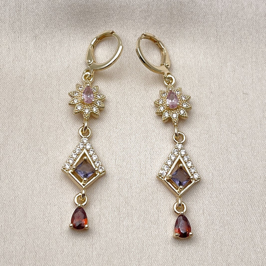 Oro Laminado Long Earring, Gold Filled Style Flower and Teardrop Design, with Multicolor and White Cubic Zirconia, Polished, Golden Finish