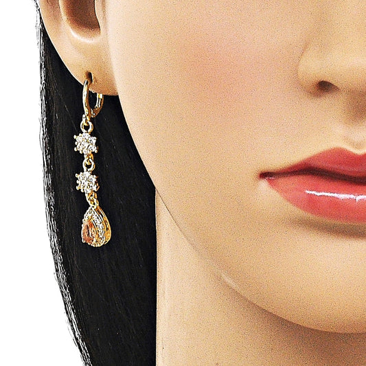 Oro Laminado Long Earring, Gold Filled Style Flower and Teardrop Design, with Champagne and White Cubic Zirconia, Polished, Golden Finish