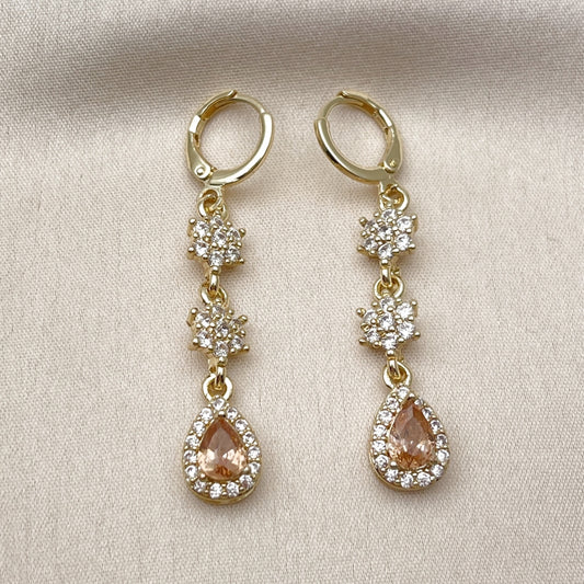 Oro Laminado Long Earring, Gold Filled Style Flower and Teardrop Design, with Champagne and White Cubic Zirconia, Polished, Golden Finish