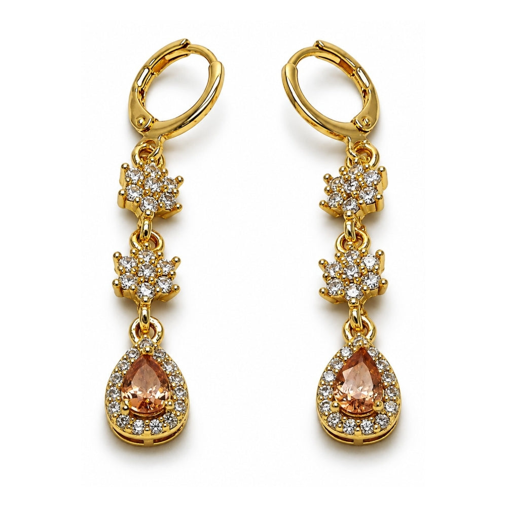 Oro Laminado Long Earring, Gold Filled Style Flower and Teardrop Design, with Champagne and White Cubic Zirconia, Polished, Golden Finish