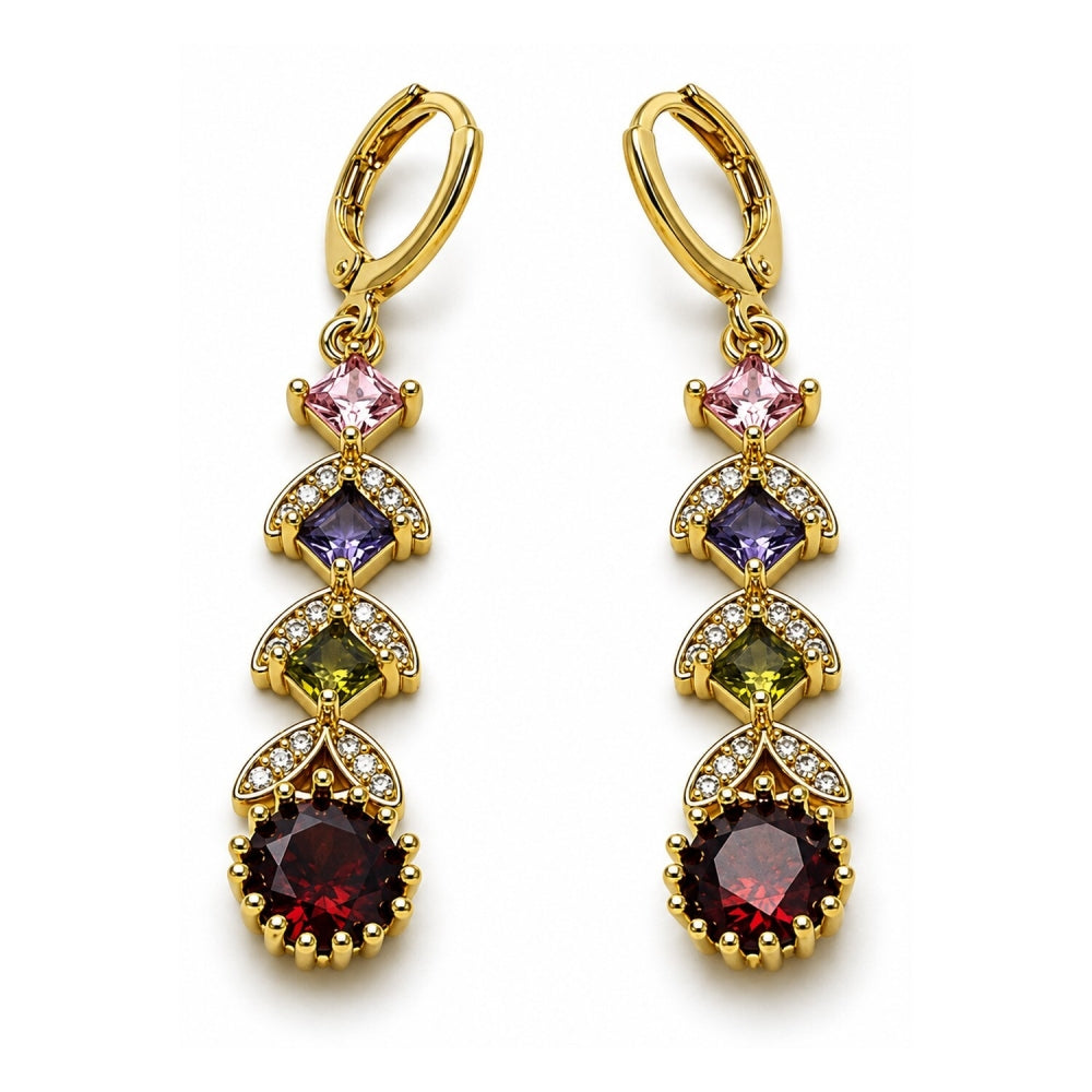 Oro Laminado Long Earring, Gold Filled Style Cluster Design, with Multicolor Cubic Zirconia and White Micro Pave, Polished, Golden Finish