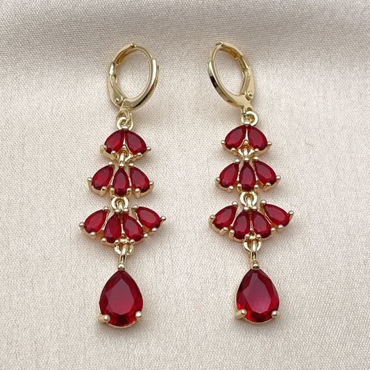 Oro Laminado Long Earring, Gold Filled Style Teardrop Design, with Garnet Cubic Zirconia, Polished, Golden Finish