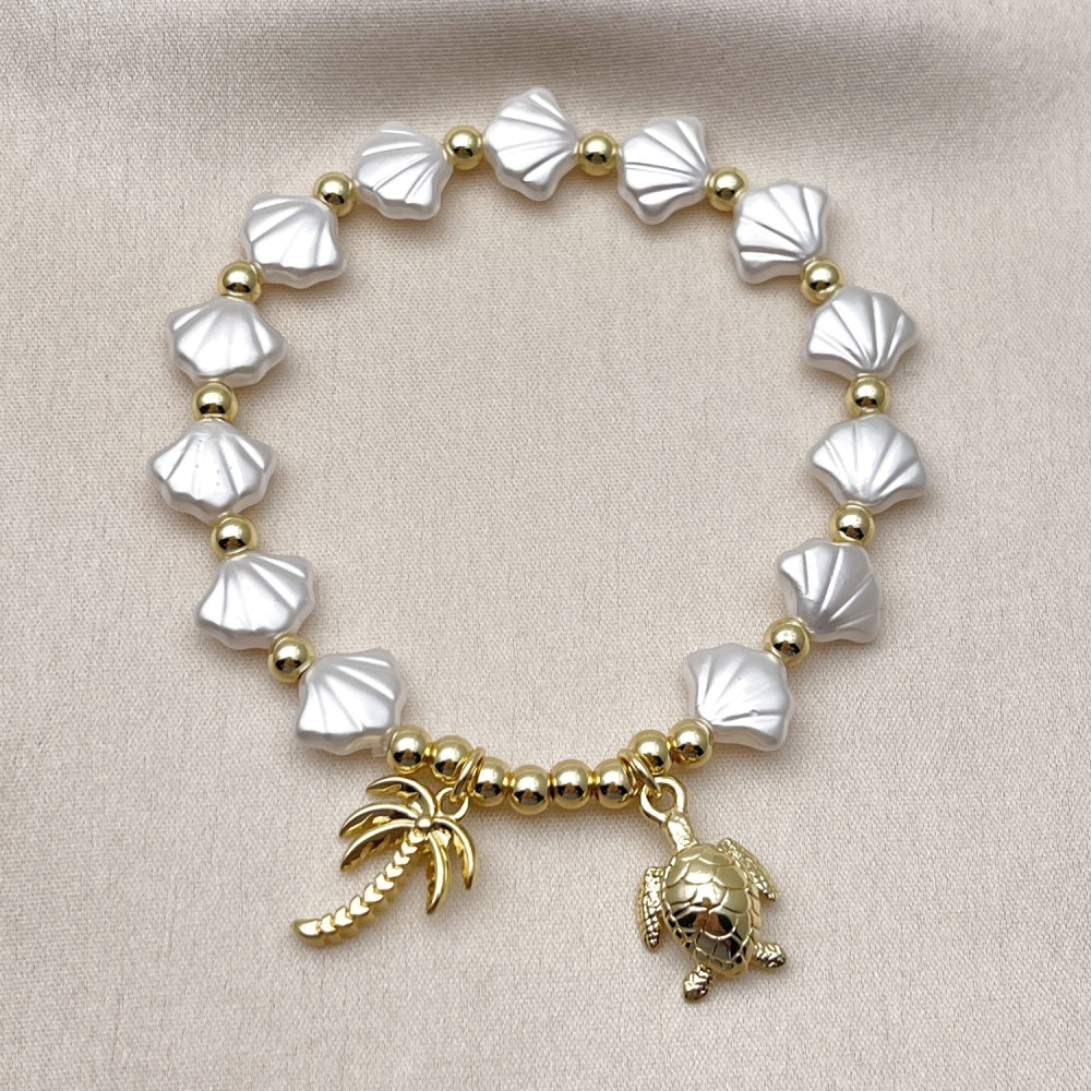 Oro Laminado Fancy Bracelet, Gold Filled Style Turtle and Palm Tree Design, with Ivory Pearl, Polished, Golden Finish