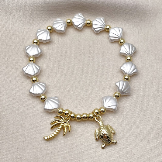 Oro Laminado Fancy Bracelet, Gold Filled Style Turtle and Palm Tree Design, with Ivory Pearl, Polished, Golden Finish