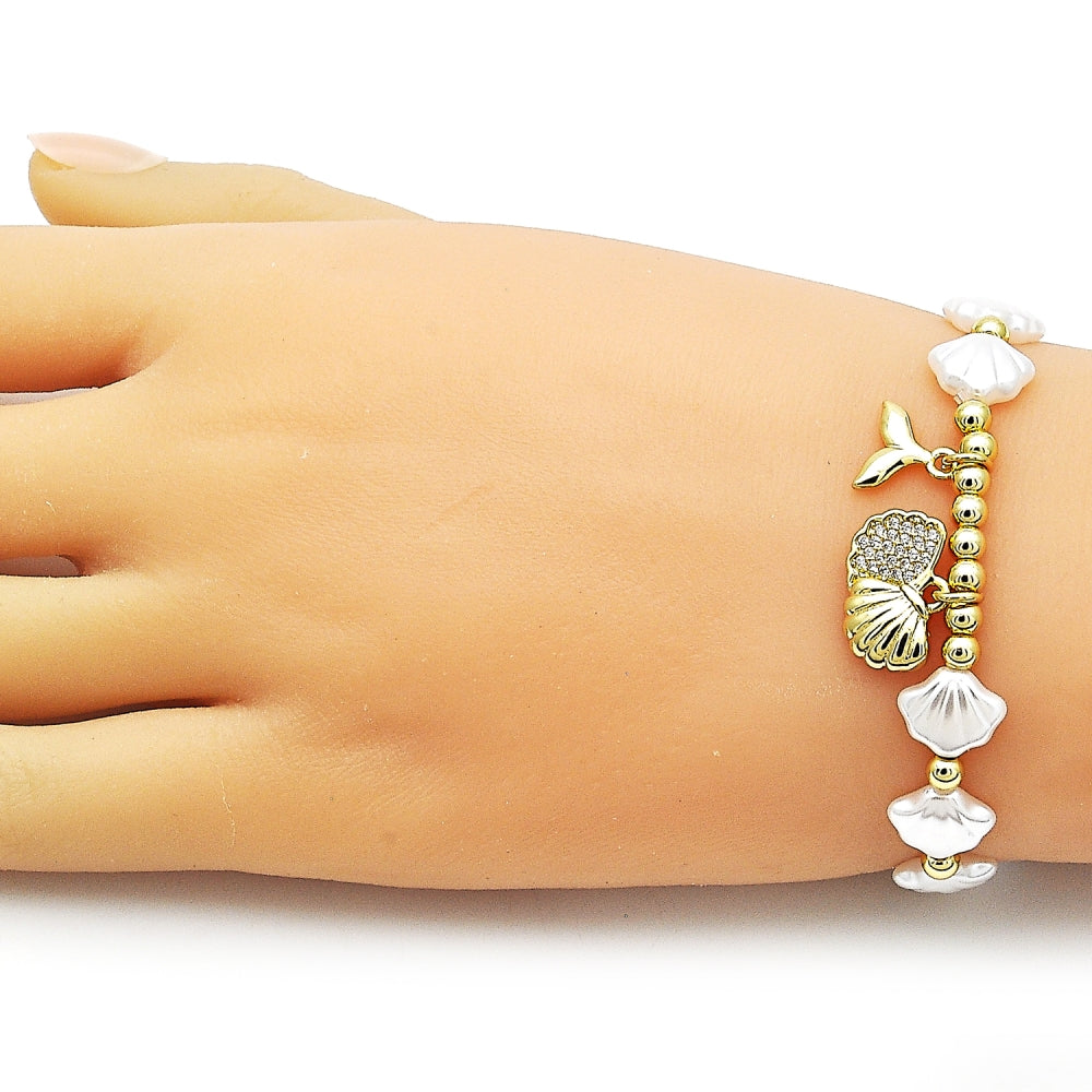 Oro Laminado Fancy Bracelet, Gold Filled Style Shell and Fish Design, with Ivory Pearl and White Micro Pave, Polished, Golden Finish