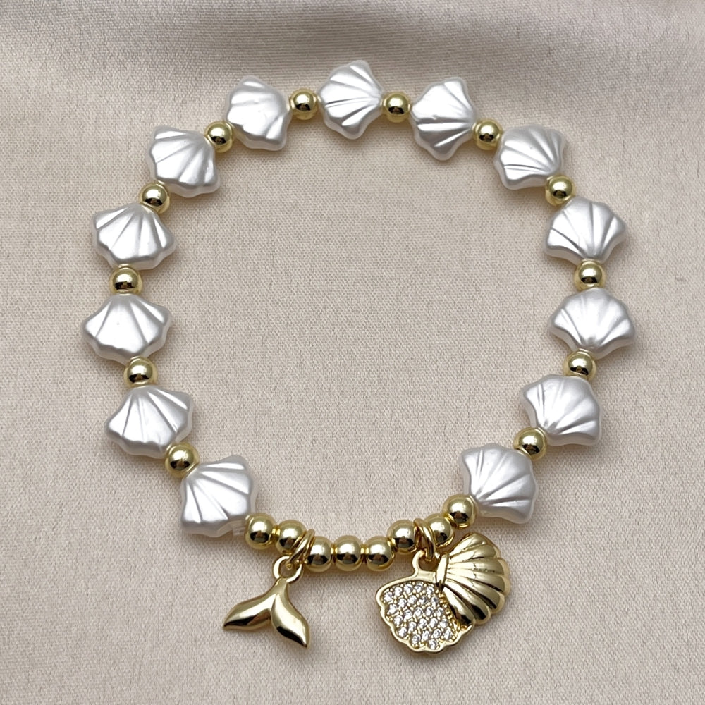 Oro Laminado Fancy Bracelet, Gold Filled Style Shell and Fish Design, with Ivory Pearl and White Micro Pave, Polished, Golden Finish