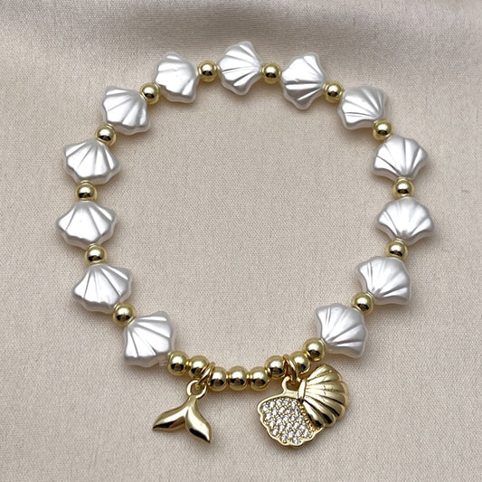 Oro Laminado Fancy Bracelet, Gold Filled Style Shell and Fish Design, with Ivory Pearl and White Micro Pave, Polished, Golden Finish