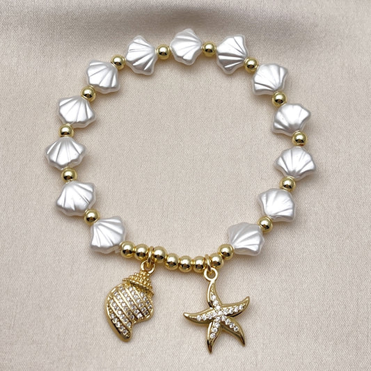 Oro Laminado Fancy Bracelet, Gold Filled Style Star and Snail Design, with Ivory Pearl and White Micro Pave, Polished, Golden Finish