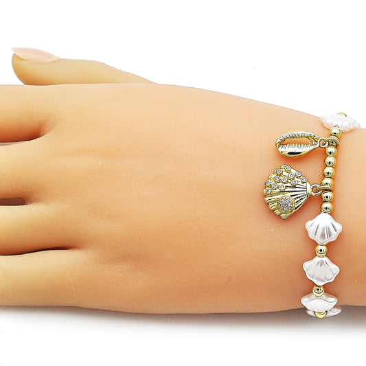 Oro Laminado Fancy Bracelet, Gold Filled Style Shell and Expandable Bead Design, with White Cubic Zirconia and Ivory Pearl, Polished, Golden Finish