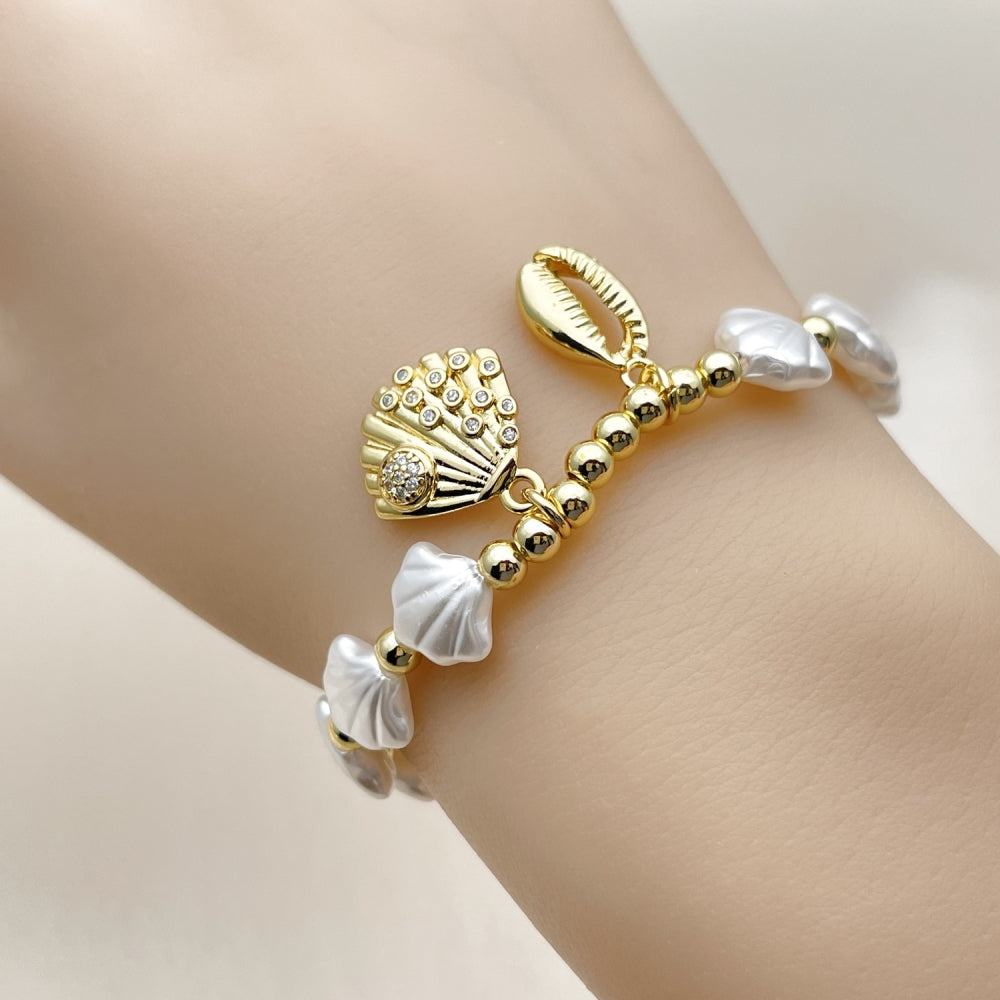Oro Laminado Fancy Bracelet, Gold Filled Style Shell and Expandable Bead Design, with White Cubic Zirconia and Ivory Pearl, Polished, Golden Finish