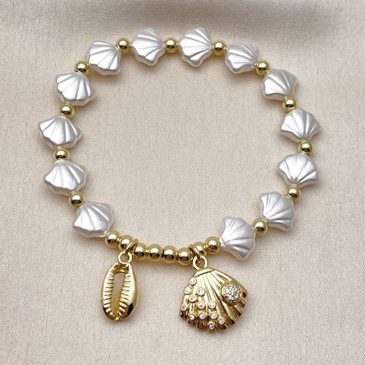 Oro Laminado Fancy Bracelet, Gold Filled Style Shell and Expandable Bead Design, with White Cubic Zirconia and Ivory Pearl, Polished, Golden Finish