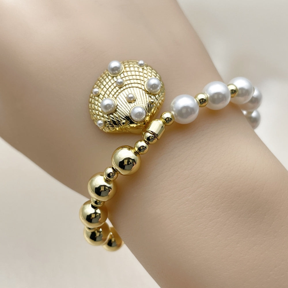 Oro Laminado Fancy Bracelet, Gold Filled Style Shell and Expandable Bead Design, with Ivory Pearl, Polished, Golden Finish