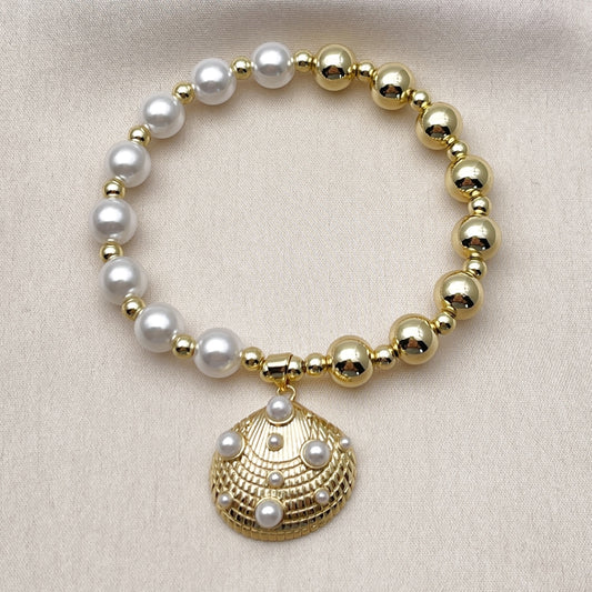 Oro Laminado Fancy Bracelet, Gold Filled Style Shell and Expandable Bead Design, with Ivory Pearl, Polished, Golden Finish