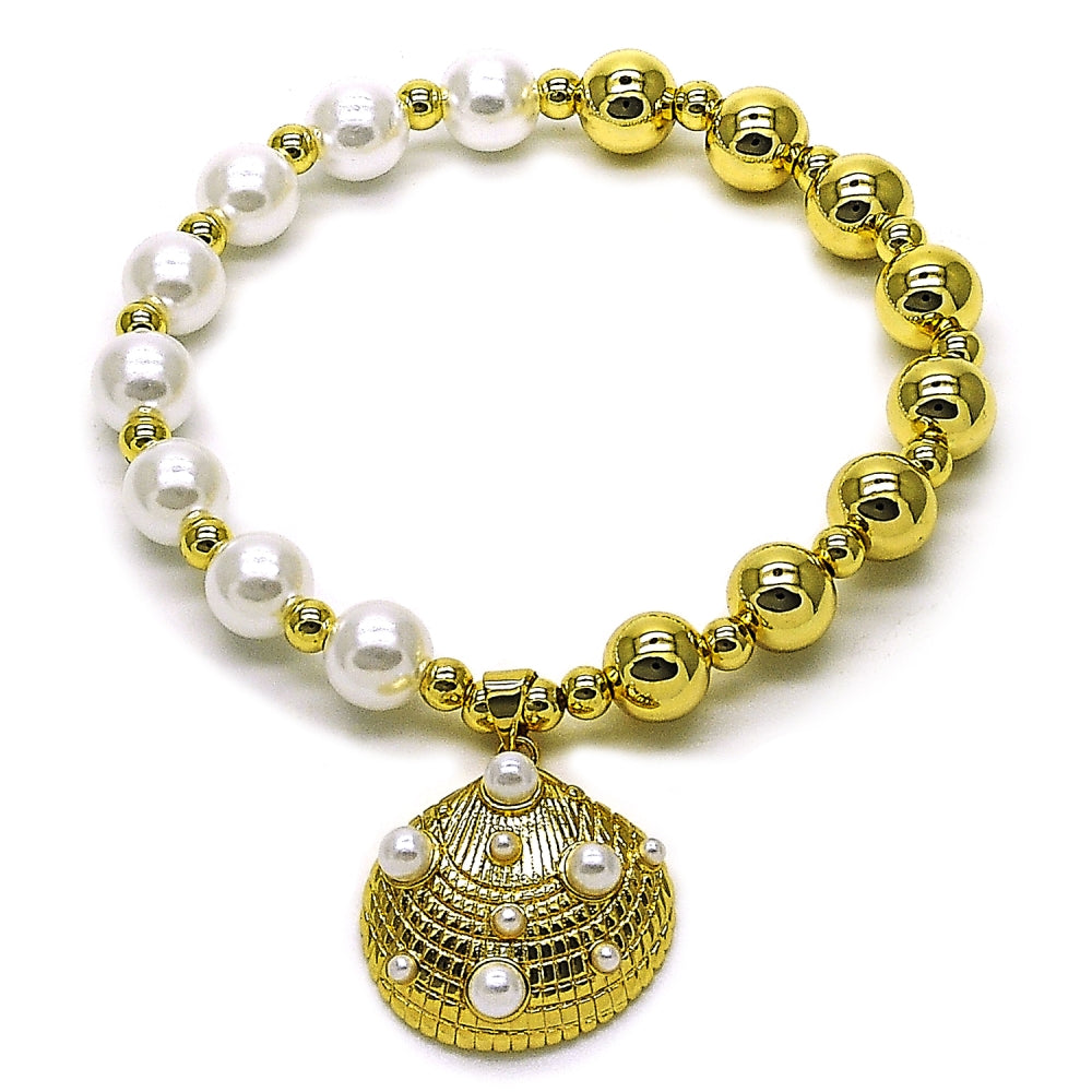 Oro Laminado Fancy Bracelet, Gold Filled Style Shell and Expandable Bead Design, with Ivory Pearl, Polished, Golden Finish