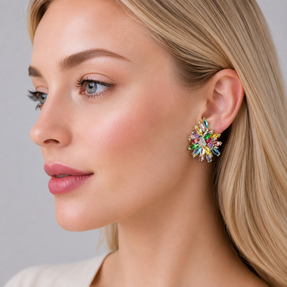 Oro Laminado Stud Earring, Gold Filled Style Flower Design, with Multicolor and White Cubic Zirconia, Polished, Golden Finish