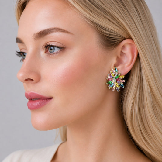 Oro Laminado Stud Earring, Gold Filled Style Flower Design, with Multicolor and White Cubic Zirconia, Polished, Golden Finish