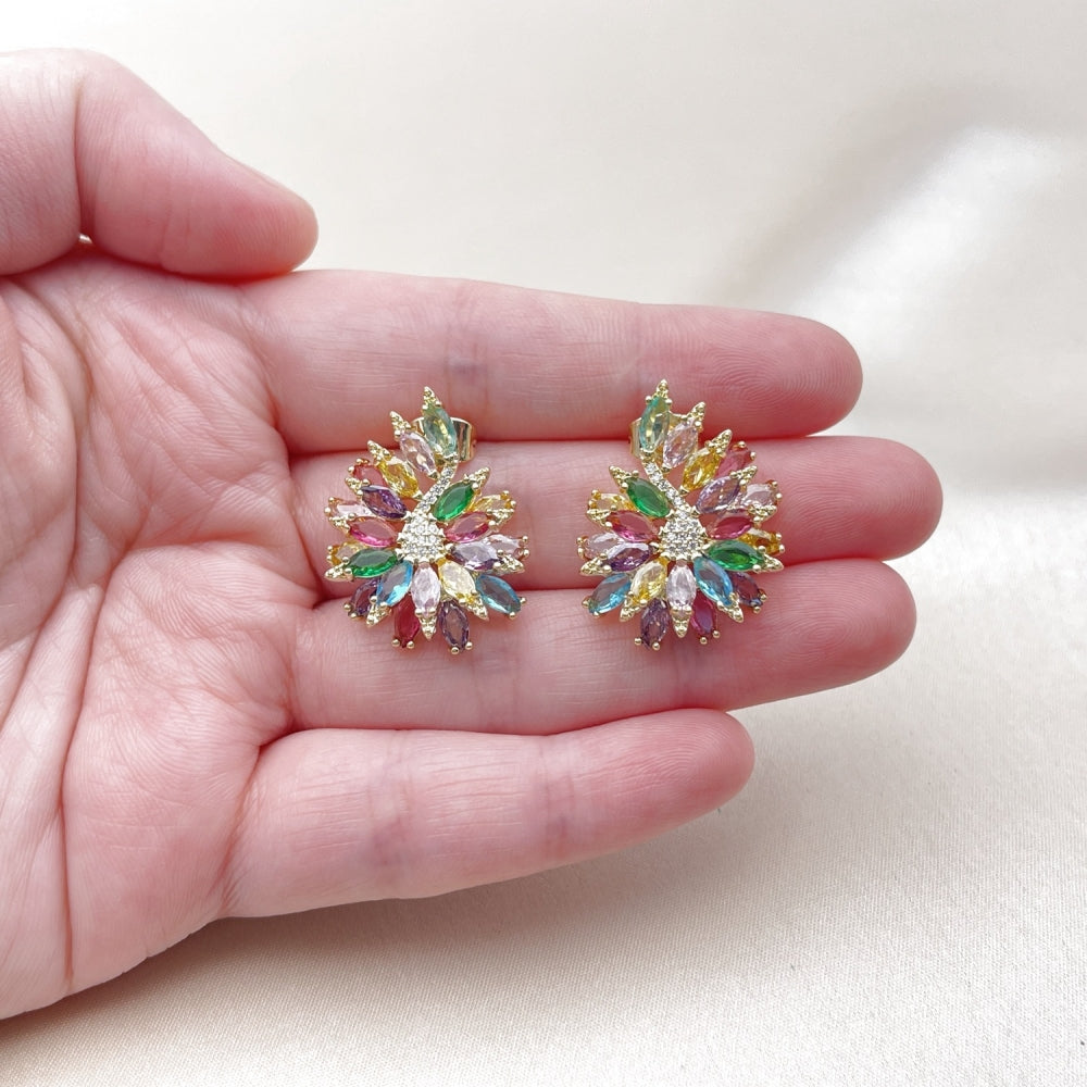 Oro Laminado Stud Earring, Gold Filled Style Flower Design, with Multicolor and White Cubic Zirconia, Polished, Golden Finish