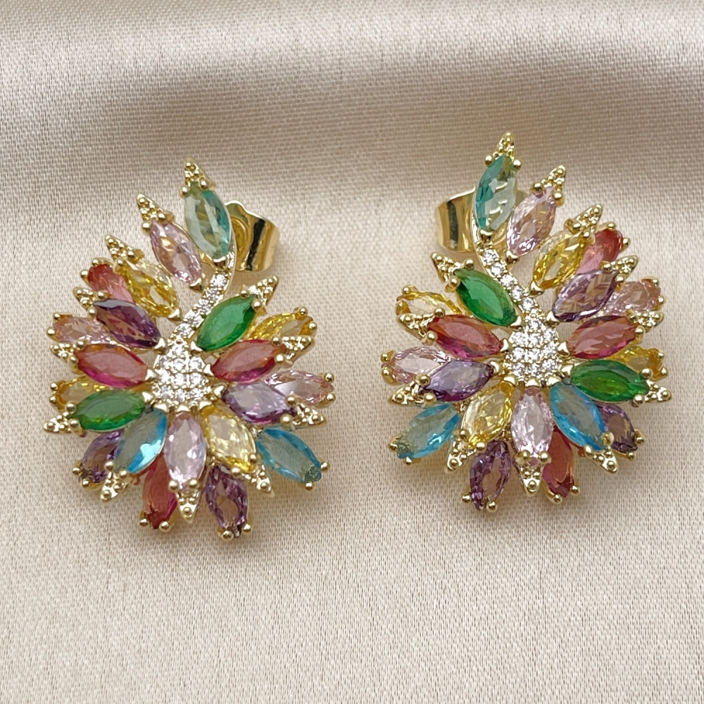 Oro Laminado Stud Earring, Gold Filled Style Flower Design, with Multicolor and White Cubic Zirconia, Polished, Golden Finish
