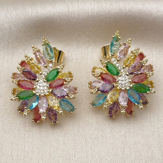 Oro Laminado Stud Earring, Gold Filled Style Flower Design, with Multicolor and White Cubic Zirconia, Polished, Golden Finish