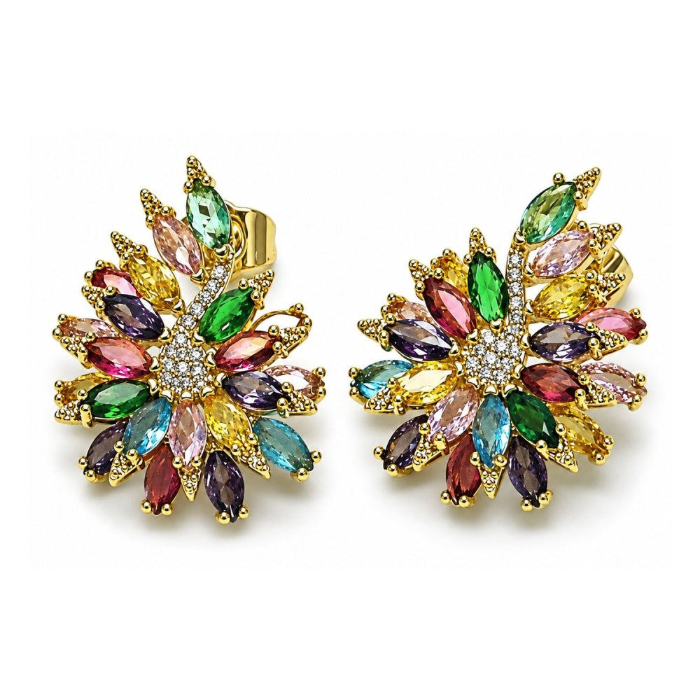 Oro Laminado Stud Earring, Gold Filled Style Flower Design, with Multicolor and White Cubic Zirconia, Polished, Golden Finish