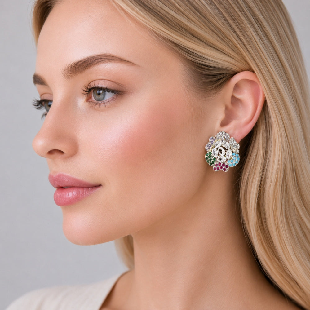Oro Laminado Stud Earring, Gold Filled Style Flower Design, with White and Multicolor Cubic Zirconia, Polished, Golden Finish