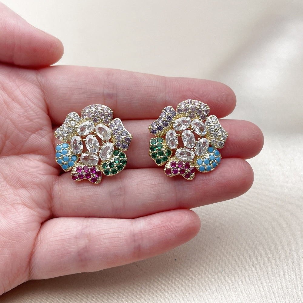 Oro Laminado Stud Earring, Gold Filled Style Flower Design, with White and Multicolor Cubic Zirconia, Polished, Golden Finish