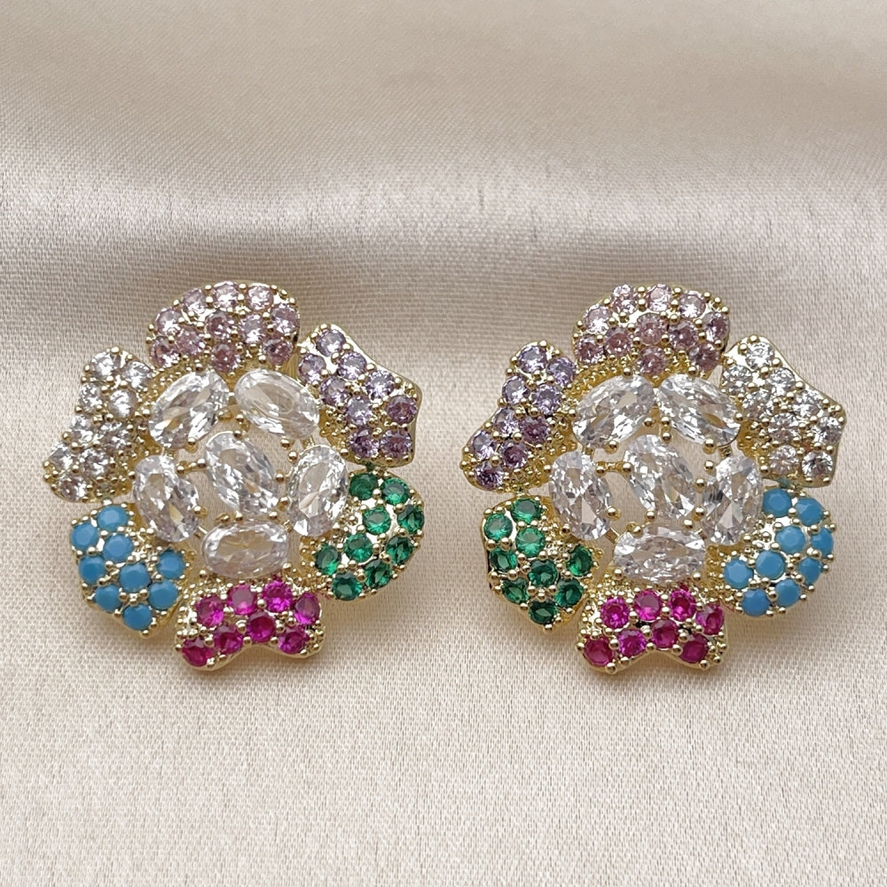Oro Laminado Stud Earring, Gold Filled Style Flower Design, with White and Multicolor Cubic Zirconia, Polished, Golden Finish