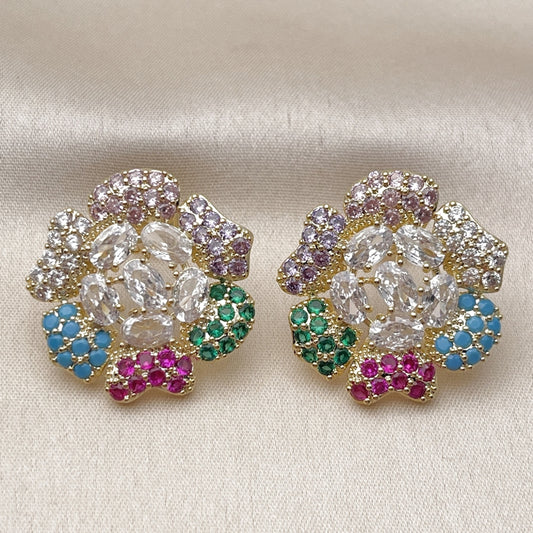 Oro Laminado Stud Earring, Gold Filled Style Flower Design, with White and Multicolor Cubic Zirconia, Polished, Golden Finish