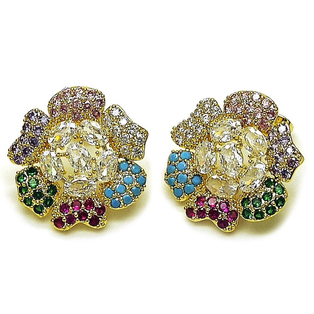 Oro Laminado Stud Earring, Gold Filled Style Flower Design, with White and Multicolor Cubic Zirconia, Polished, Golden Finish