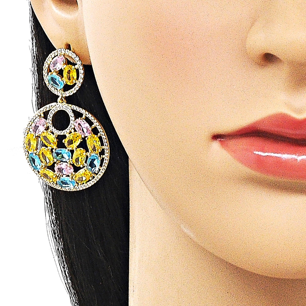 Oro Laminado Stud Earring, Gold Filled Style with Multicolor Cubic Zirconia and White Micro Pave, Polished, Golden Finish
