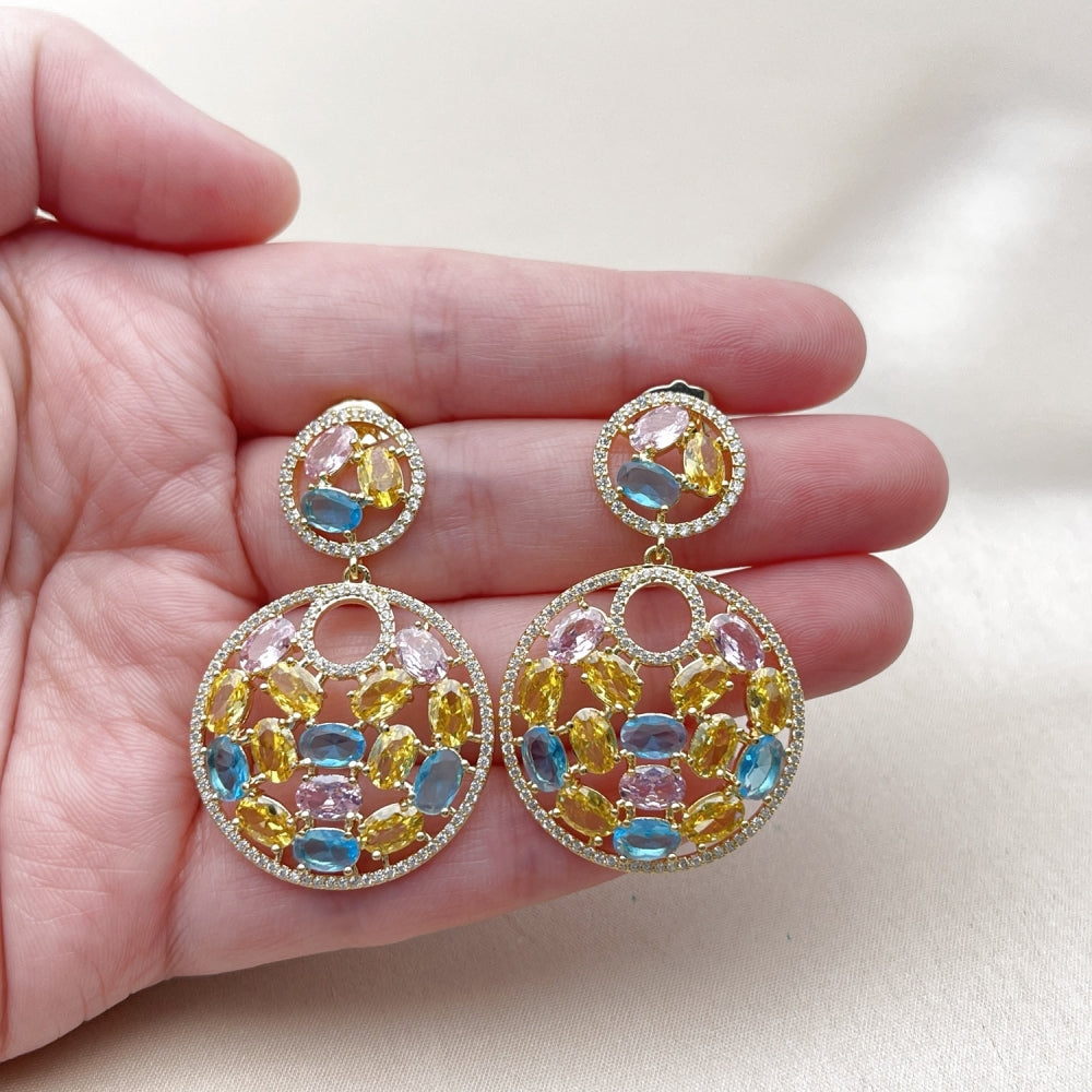 Oro Laminado Stud Earring, Gold Filled Style with Multicolor Cubic Zirconia and White Micro Pave, Polished, Golden Finish