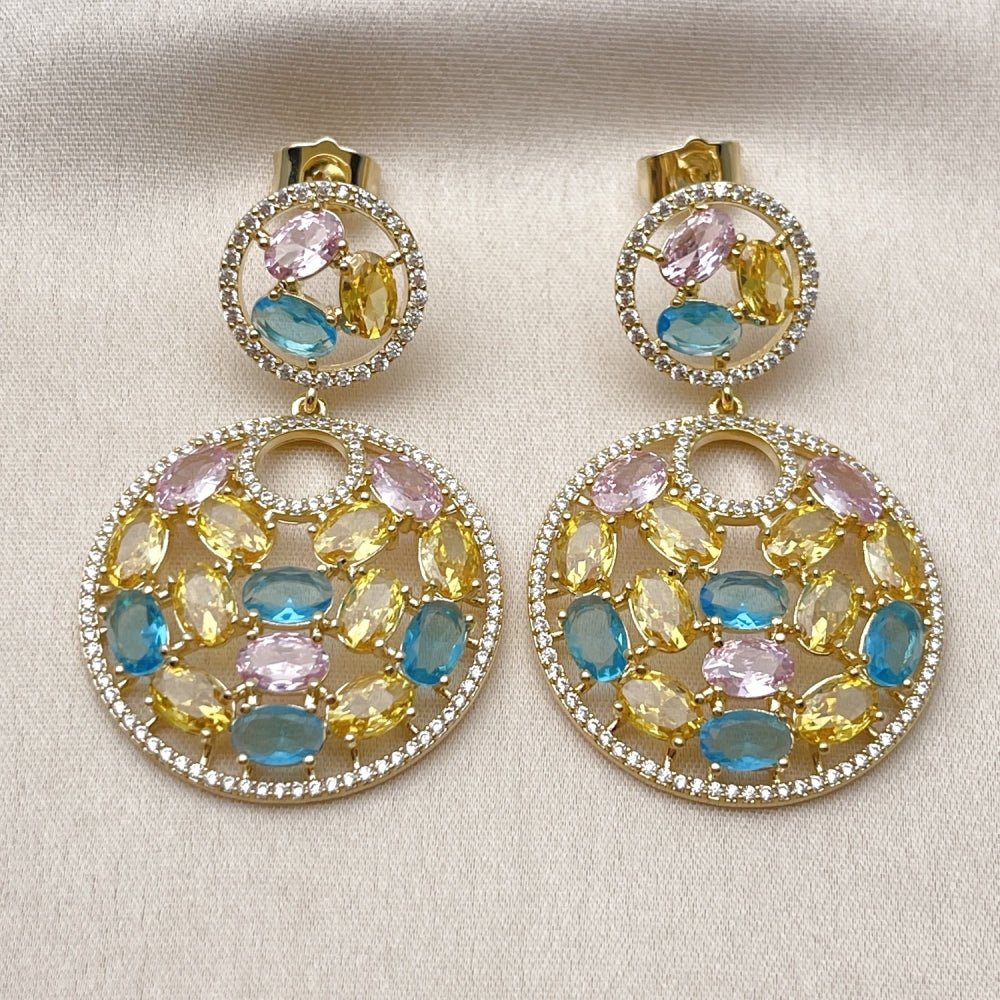 Oro Laminado Stud Earring, Gold Filled Style with Multicolor Cubic Zirconia and White Micro Pave, Polished, Golden Finish