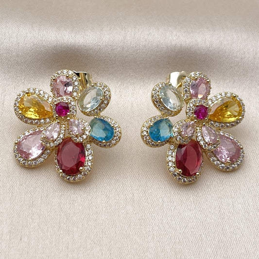 Oro Laminado Stud Earring, Gold Filled Style Flower and Teardrop Design, with Multicolor Cubic Zirconia and White Micro Pave, Polished, Golden Finish
