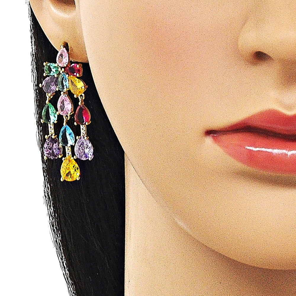 Oro Laminado Stud Earring, Gold Filled Style Teardrop Design, with Multicolor Cubic Zirconia and White Micro Pave, Polished, Golden Finish