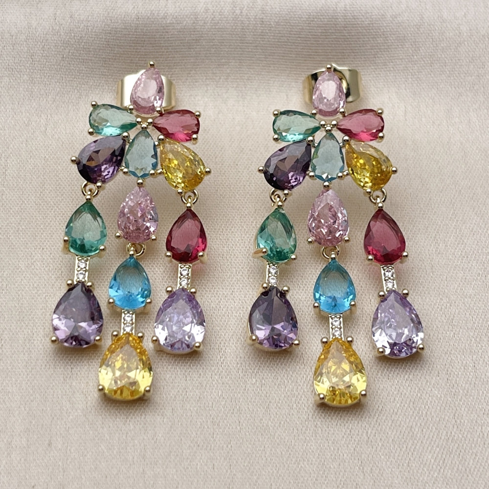 Oro Laminado Stud Earring, Gold Filled Style Teardrop Design, with Multicolor Cubic Zirconia and White Micro Pave, Polished, Golden Finish