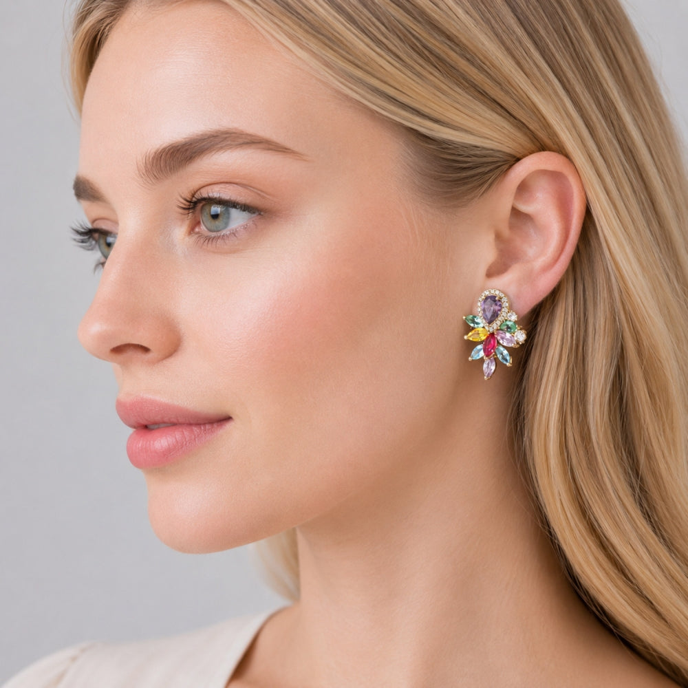 Oro Laminado Stud Earring, Gold Filled Style Teardrop and Cluster Design, with Multicolor Cubic Zirconia and White Micro Pave, Polished, Golden Finish